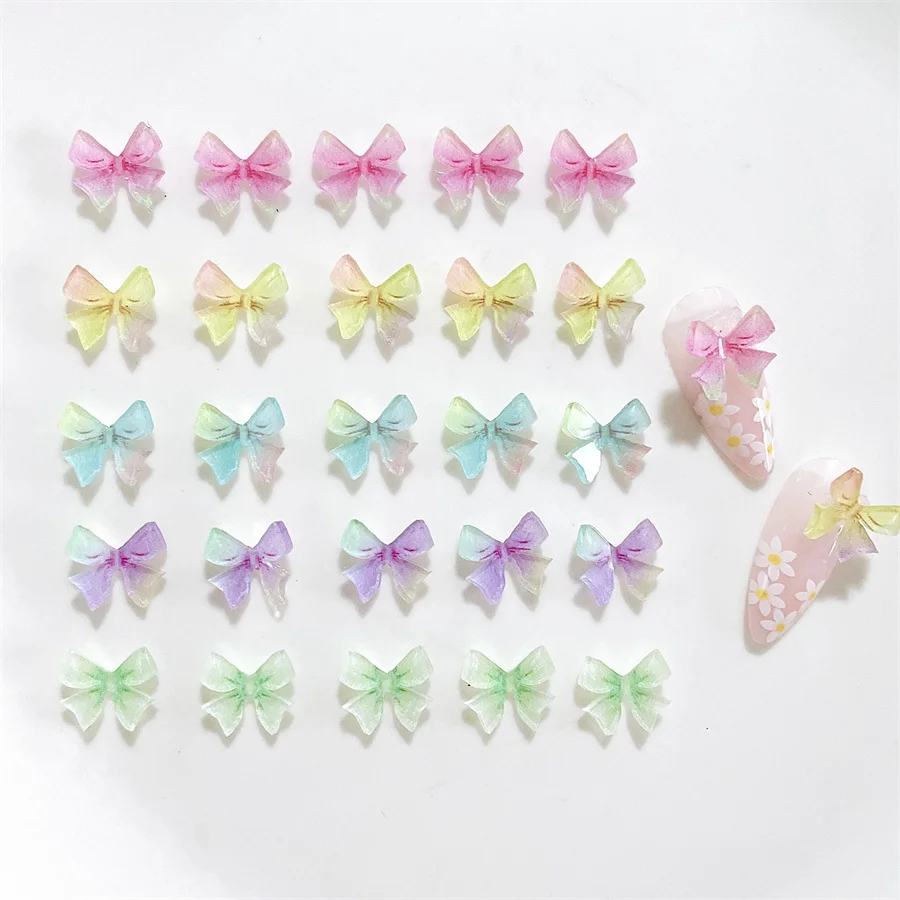 5pcs Summer Bow Resin Nail Art Charms 3D Kawaii Ice Transparent Gradient Ribbon Design Nail Decorations DIY Manicure Accessories