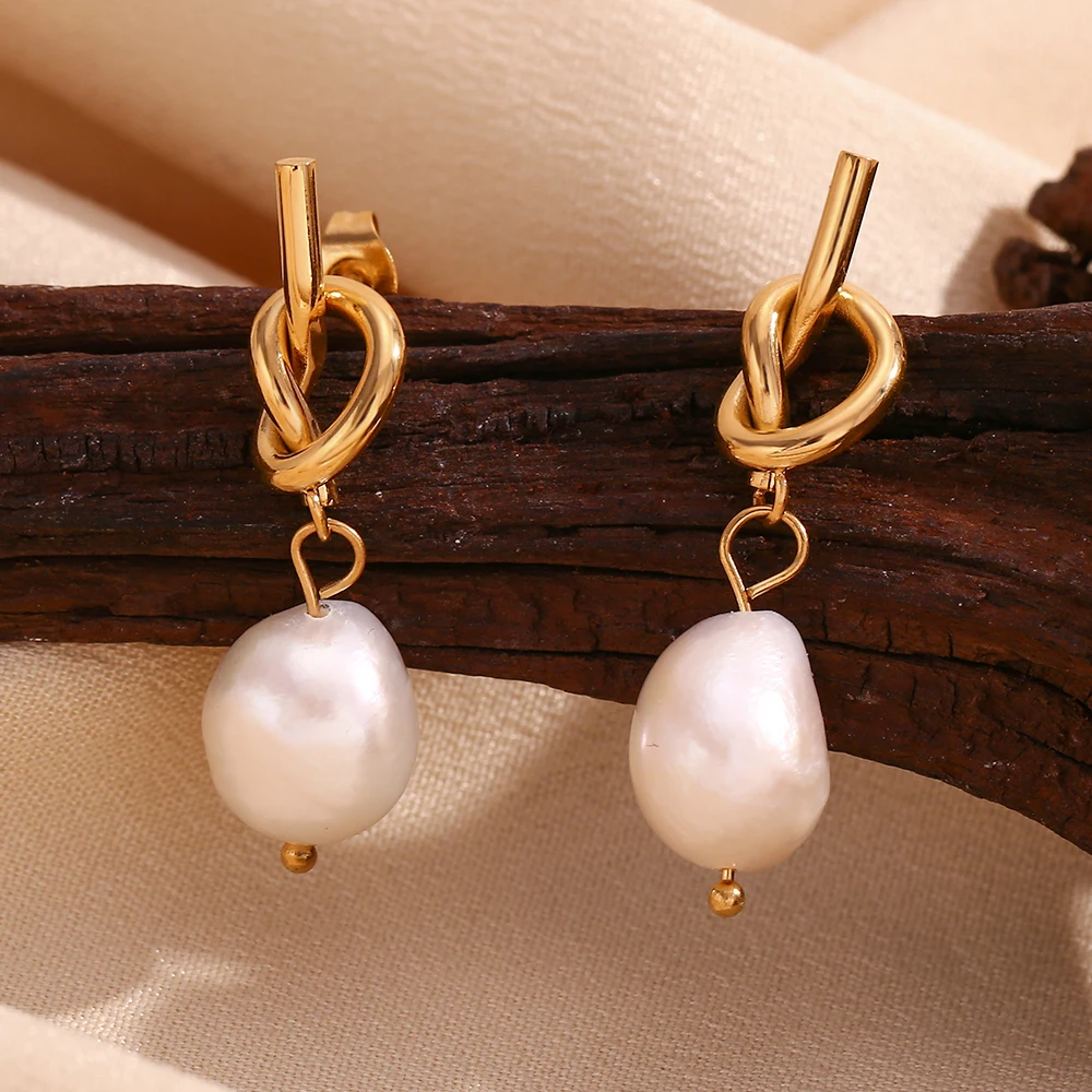 Knot Button Freshwater Pearl Drop Earrings Water Resistant 316L Stainless Steel Jewelry 18K Gold Plated Earrings for Women