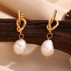 Pendientes colgantes de perlas de agua dulce con botón de nudo, joyería de acero inoxidable 316L resistente al agua, pendientes chapados en oro de 18 quilates para mujer