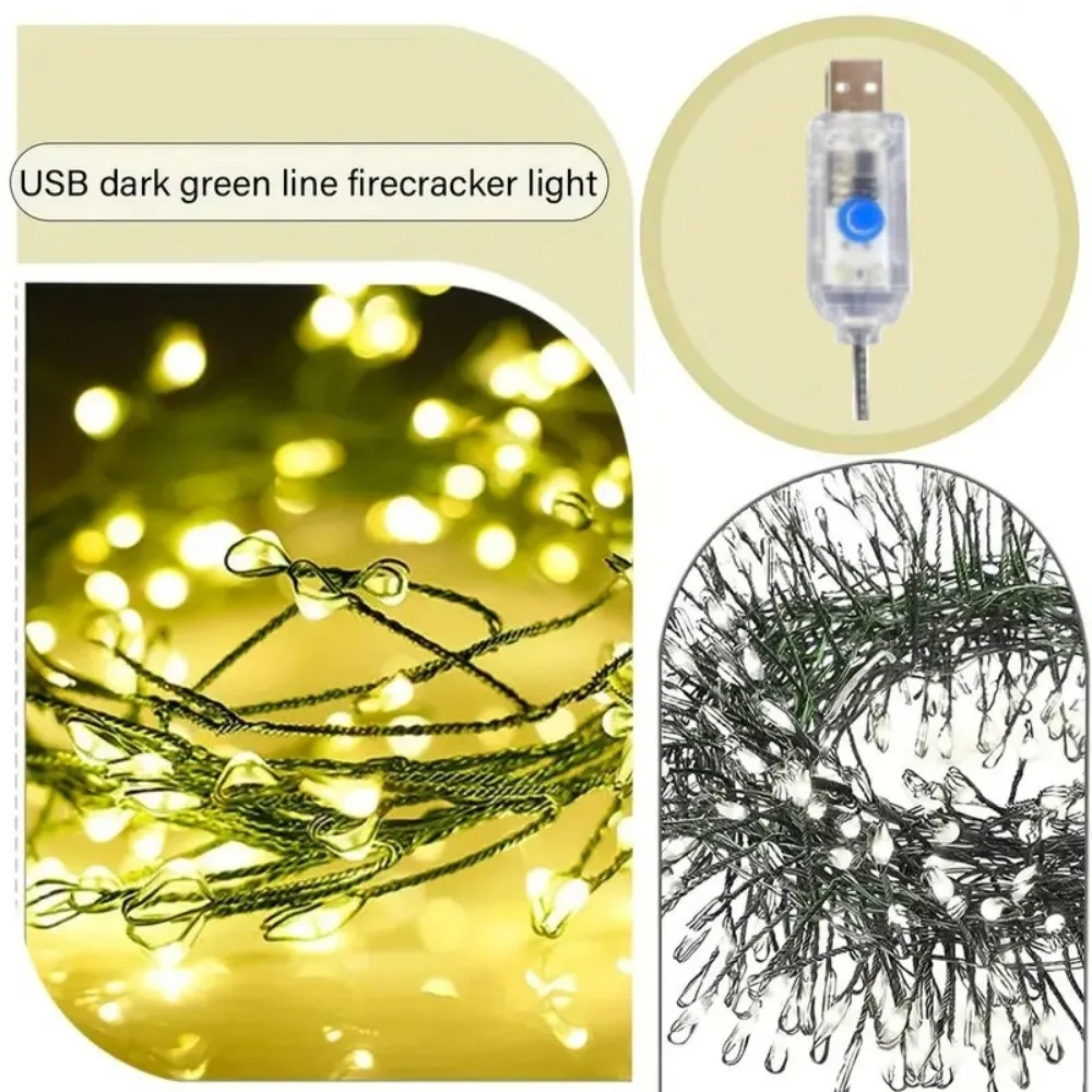 USB Dark Green LED Firecracker Light with 8 Flashing Modes for Decorating Christmas Trees, Ceilings, Bedrooms, windows