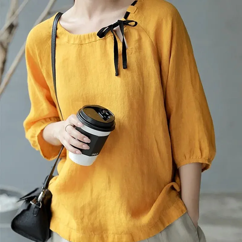 2024 Summer New Cotton and Linen Lady Vintage Contrasting Colors All-match Short Sleeved Tops Frenulum Large Size Casual T-shirt