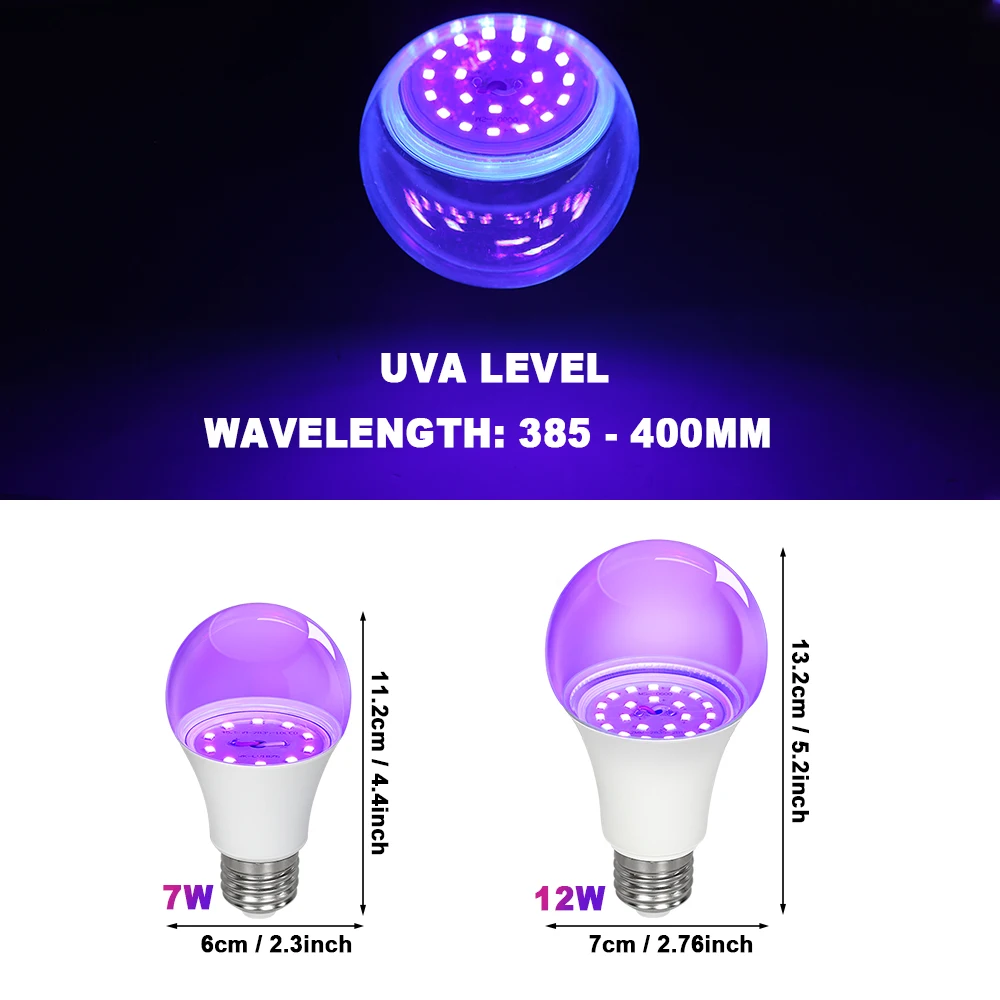 Black Light Bulb 7W 12W LED UV Blacklight E27 Led Bulb AC85-265V Party Ghost House Fluorescent Atmosphere 395nm Ultraviolet Lamp