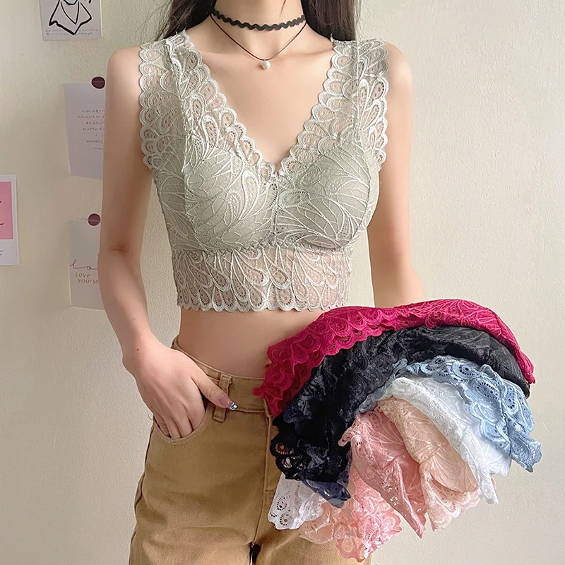 Zintegrowane seksowne koronkowe biustonosze dla kobiet Bralette wyściełany biustonosz Push Up kobiece bezszwowe jednoczęściowe bielizna bez ramiączek w jednolitym kolorze