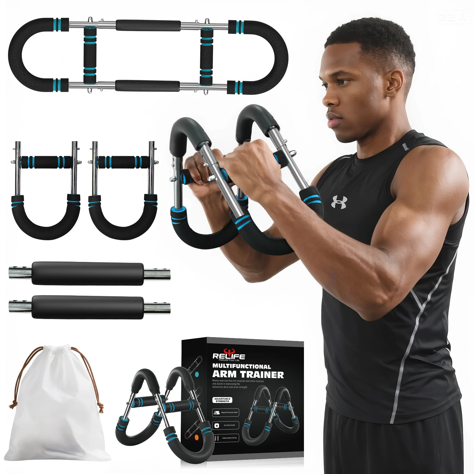 Adjustable Arm Trainer 3 Resistance Levels 60-110LB Multifunctional Chest Expander 27° Ergonomic Handle Full Body Strength Training Home Gym Fitness Equipment