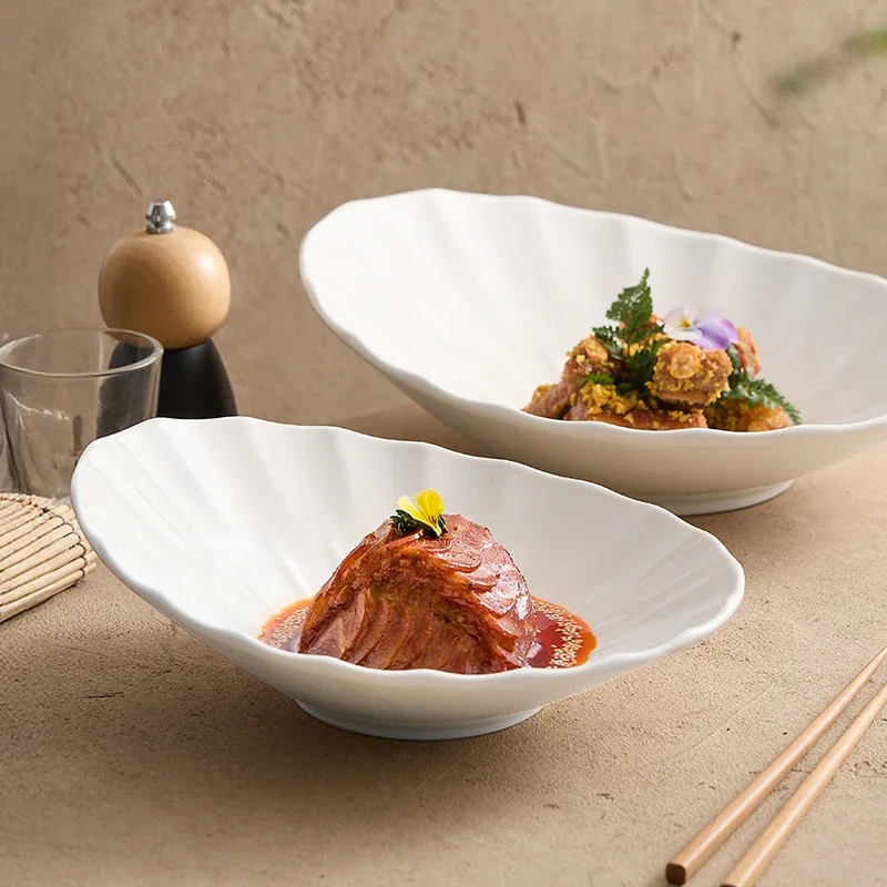 Creative White Inclined Salad Bowl Western Dish Simple Ceramic Deep Dish Irregular Hotel Tableware Plate Household Kitchenware