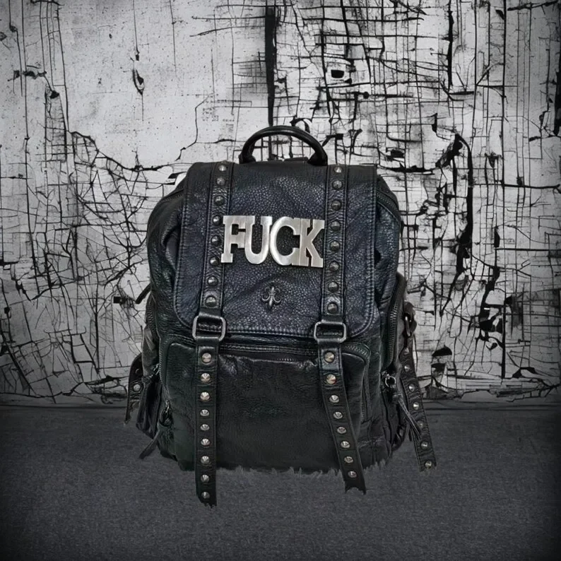 Unisex Punk Rock Alt Emo Multi Pocket PU Leather Daypack Y2K Goth Studded Backpack