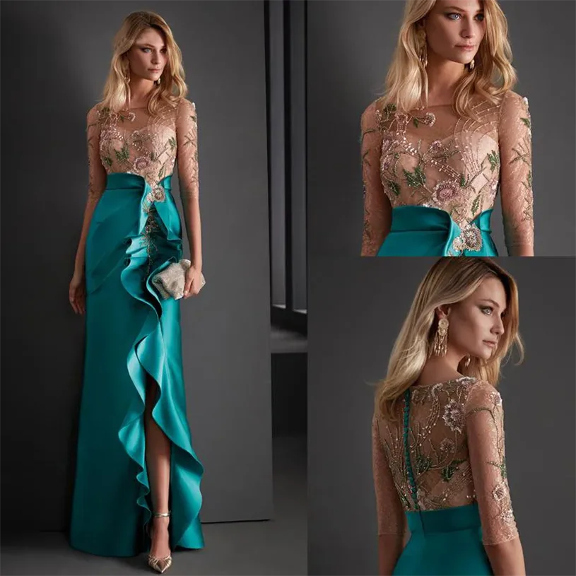 

Elegant formal mermaid prom Evening Dresses wear Beads O Neck Half Sleeves Side Split Women Formal Prom Gowns cocktail Party Dre