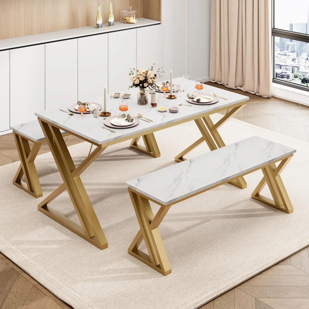 Conjunto de jantar de 4 lugares com mesa retangular e dois bancos, com tampo de mármore falso