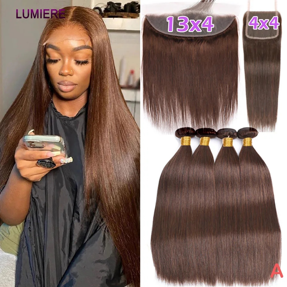 الشوكولاته البني أعلى جودة العظام حزمة مستقيمة مع HD إغلاق أمامي 100% شعر بشري لعذراء نسج 3/4 حزمة رخيصة تمديد #1