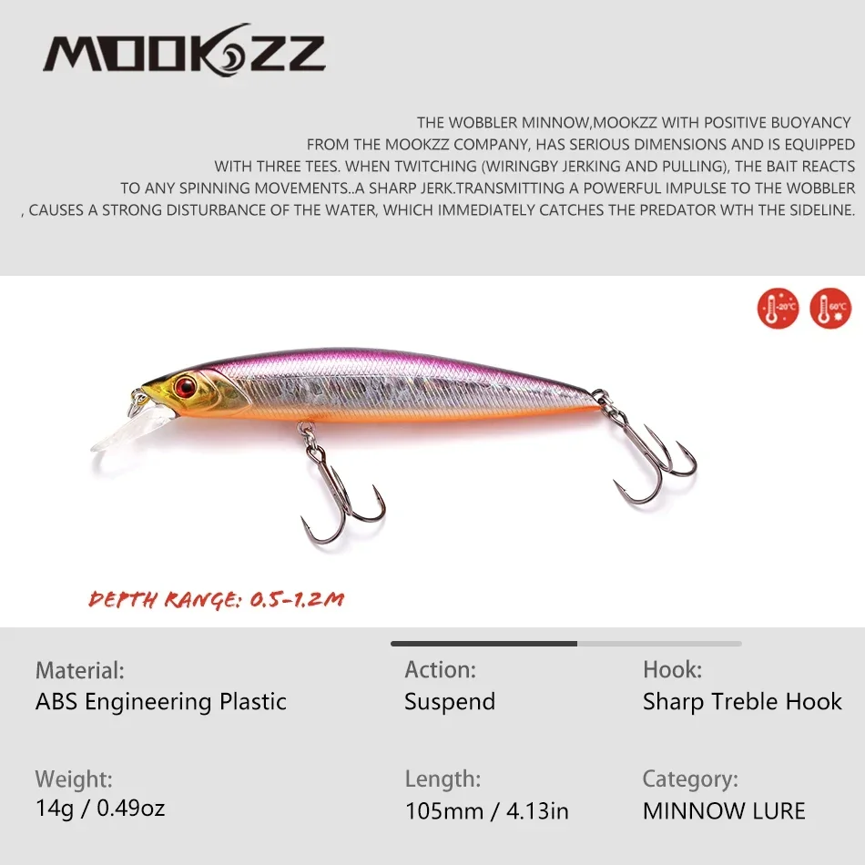 105MM 14G MOOKZZ Top Hard Fishing Lure Suspension Minnow High Quality Baits Wobblers  Professional Fishing Tackles Artificial