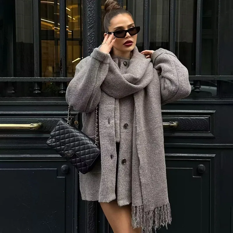 

Tuularose Women's Knitted Cardigan Scarf Slim Casual Jacket Long Sleeve Patchwork Pocket Jacket Elegant Office Female Sweater