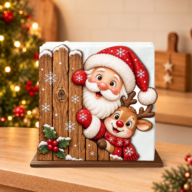 Christmas Santa Napkin Holder, Wooden Desktop Tissue Holder with Holly Berry Ornament and Peeking Santa & Deer