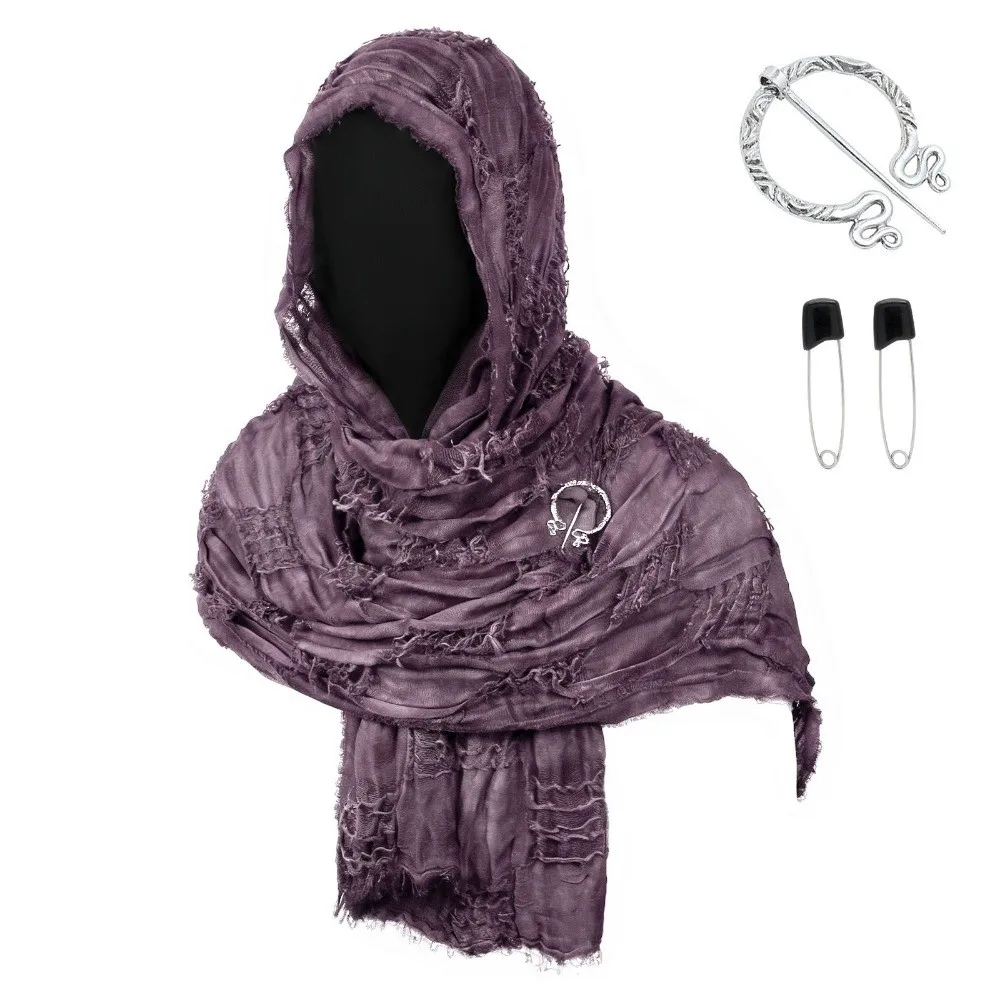 Gothic Distressed Hooded Scarf Metal Brooch Polyester Halloween Viking Cosplay Wrap Costume Accessory Adjustable Medieval Shawl
