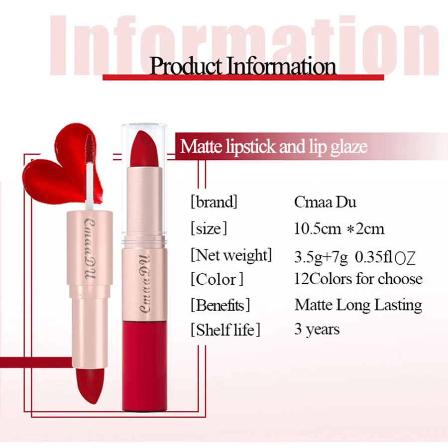 3-Pcs Long Lasting Velvet Matte Lipstick Double Head Lip Gloss Non-stick Cup Lip Gloss Tint Plumper Waterproof Lipstick Makeup