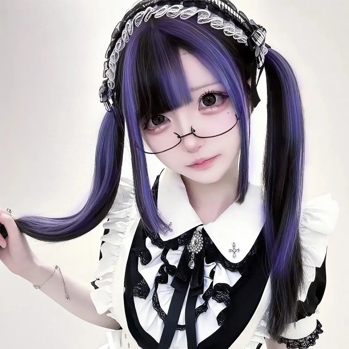 ‌Dark Purple Lace Front Wig - Gothic Anime Wig, Full Head Cosplay Hair, Air Bangs Straight Wig, Ombre Hair
