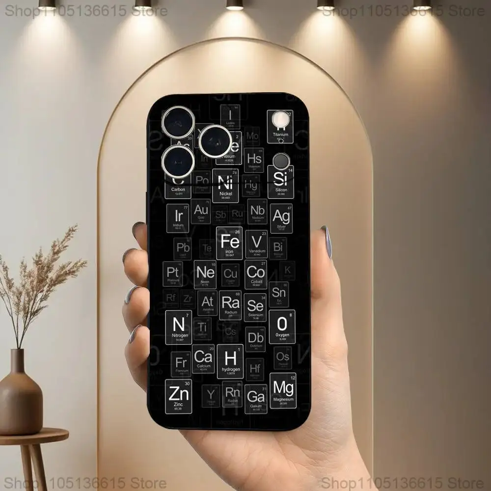 化学元素アート電話ケース iPhone 17、16、15、14、13、12、11 Plus、Pro Max、XS、X、XR、SE、Mini、8、7用 ソフトシリコンブラックカバー