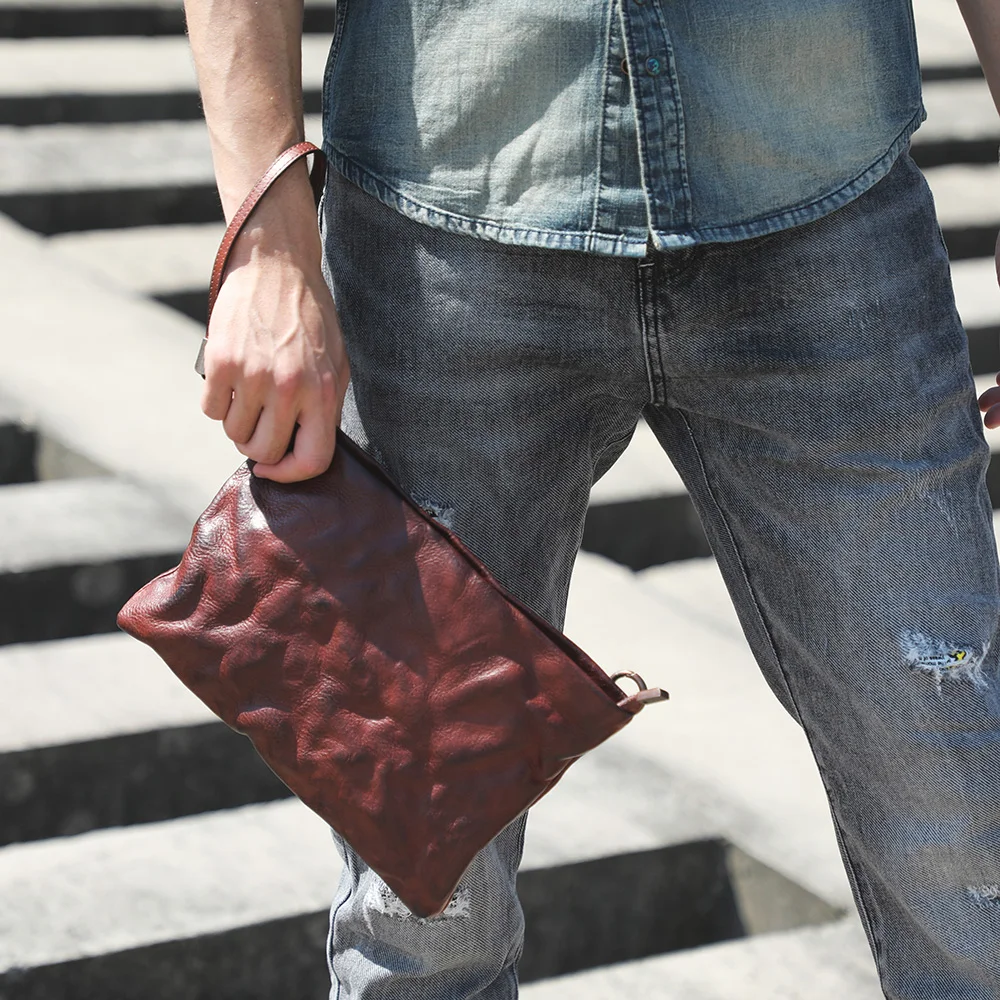 Echte Leder-Umhängetasche für Herren, Clutch-Tasche, modische Brusttasche aus Rindsleder, pflanzlich gegerbtes Leder, handgefärbt – Detail 2