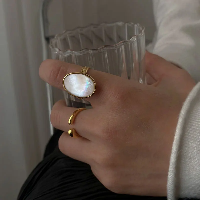 Stainless Steel Wide Rings For Women 18 K Gold Plated Tap Metal Texture Natural Stone Wide Ring Trendy Jewelry Gift