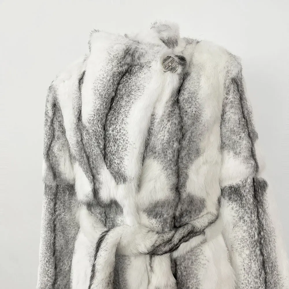 معطف فرو أرنب حقيقي مع حزام للنساء ، جاكيت منفوخ بسيط ، معطف نسائي فاخر ، جاكيت طويل منفوخ ، جديد ، #5