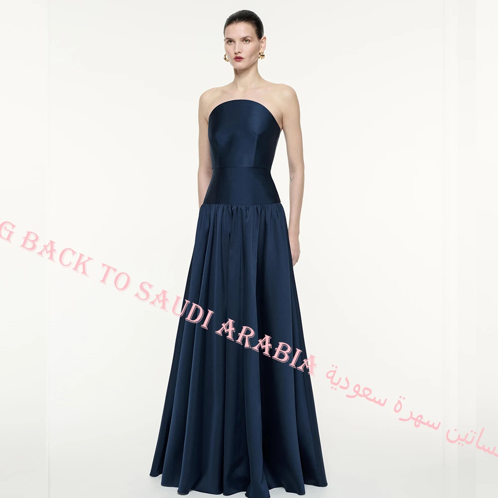 Robe de Soirée en Satin et Jersey Bleu Marine Personnalisée, Ligne A, Classique et Moderne, Sans Bretelles, Fermeture Éclair au Dos