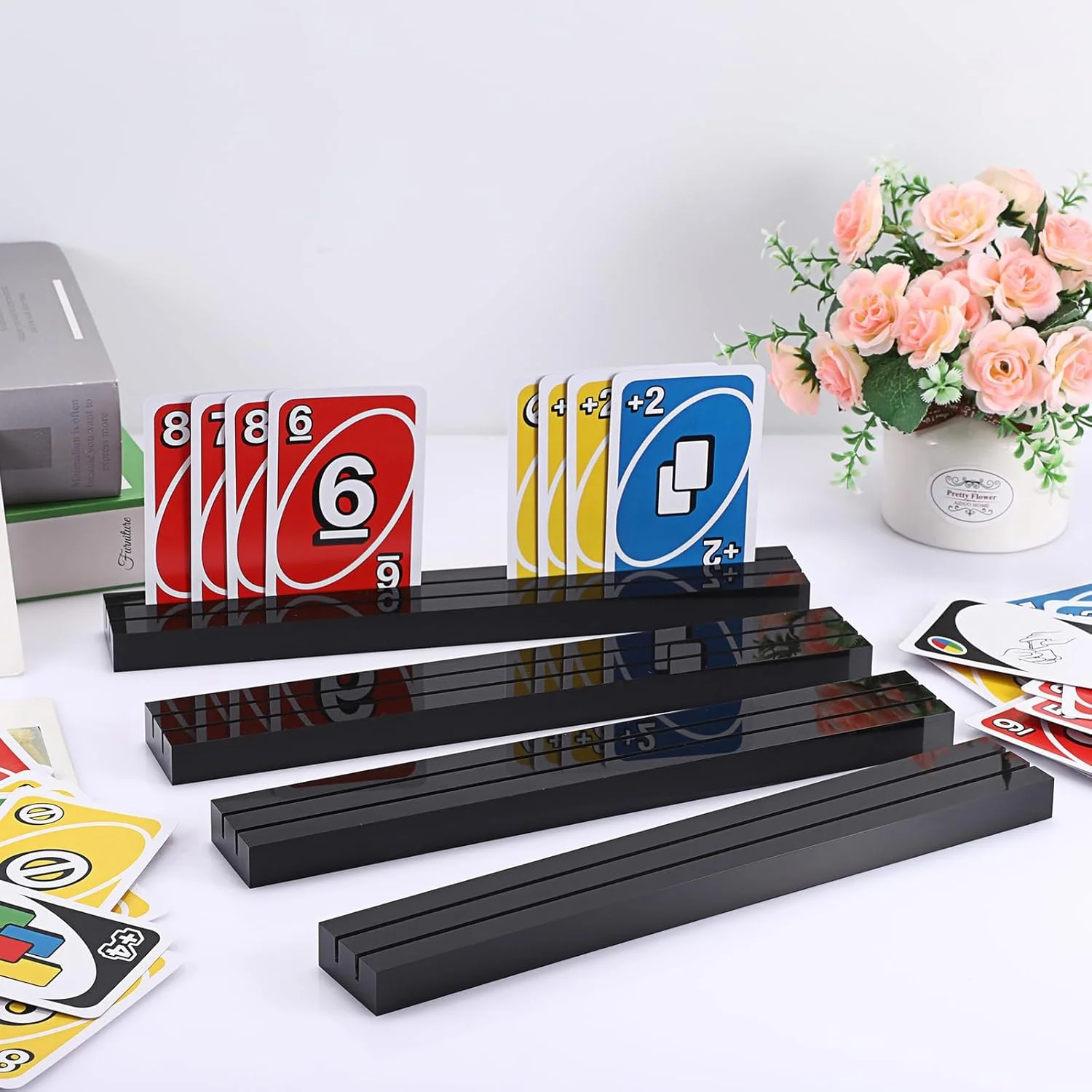 

Set of 4 Clear UNO Card Holders Acrylic Playing Card Racks with Dual Grooves, Acrylic Card Holder Stands with 2 Card Slots