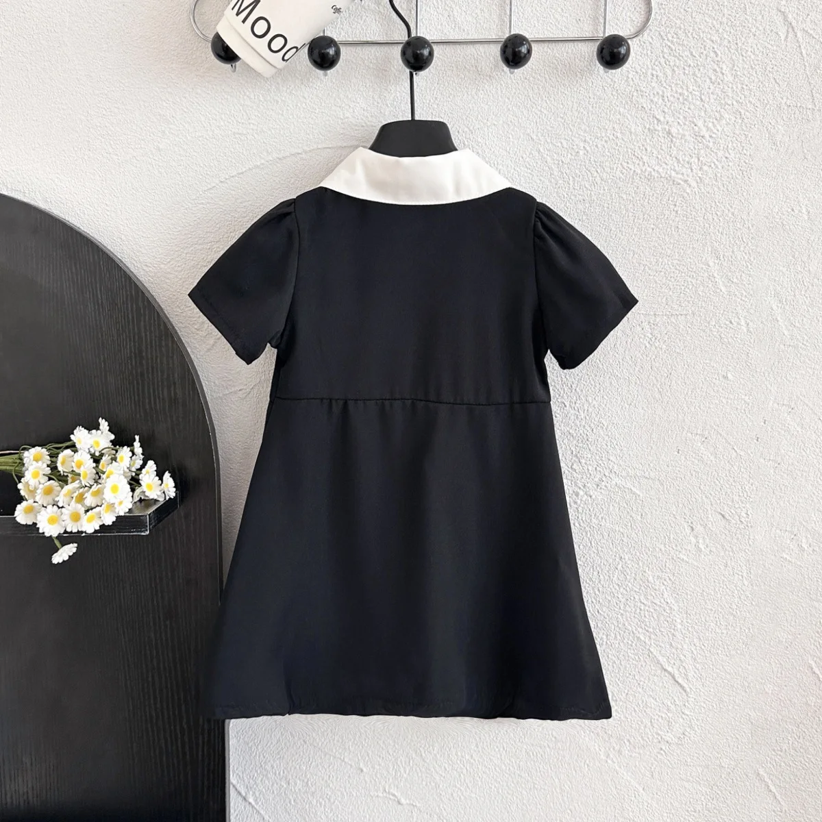 Summer Toddler Girls Black White Dress - Lapel Collar & Oversized Bow Buttons A-Line Skirt with Pockets Knot Party & School Wear