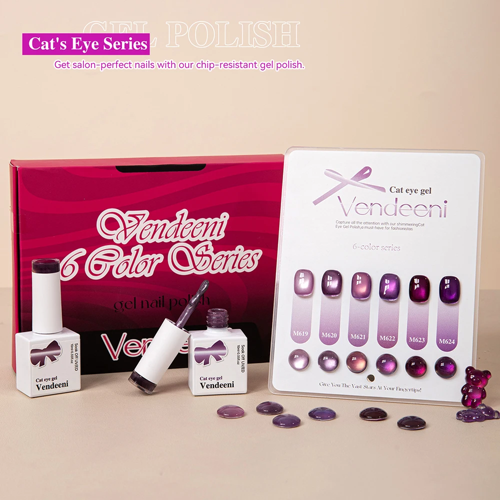 เจลทาเล็บแม่เหล็กสีม่วงมุกอะมีทิสต์ 6 สี/ชุด ยี่ห้อ Vendeeni TPO/HEMA FREE พร้อมการ์ดสี