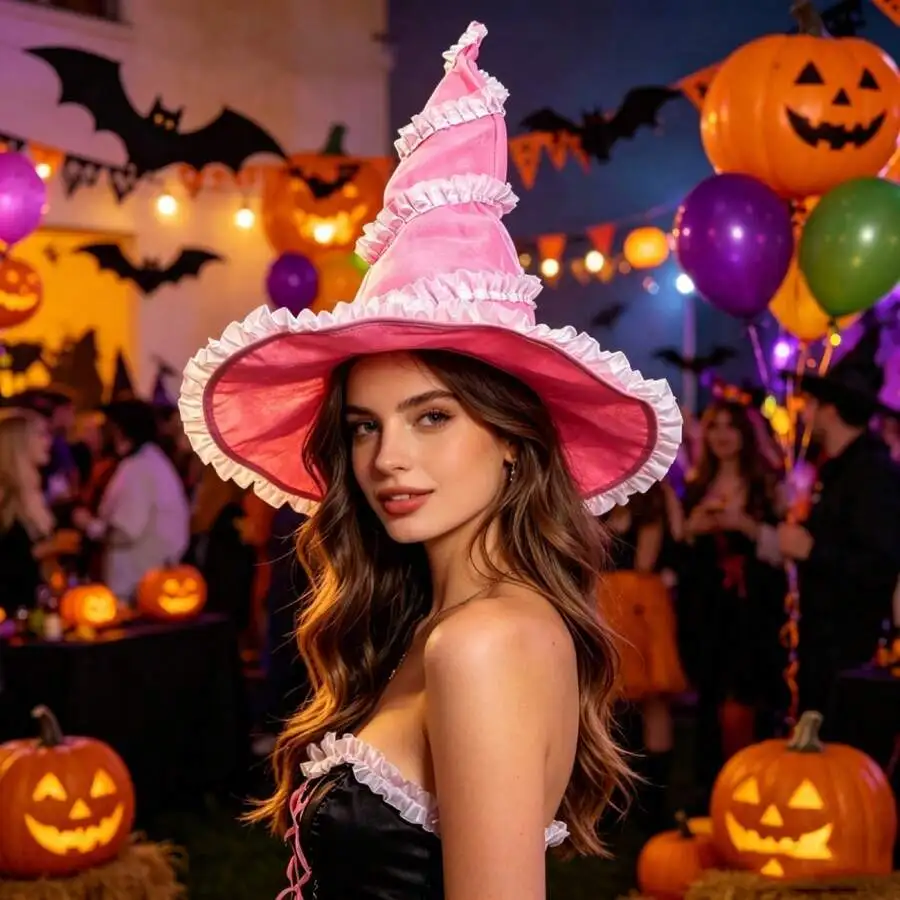 Women Witch Hat, Spooky Twisted Tulle Trim Halloween Hat Party Hat For Cosplay Festival