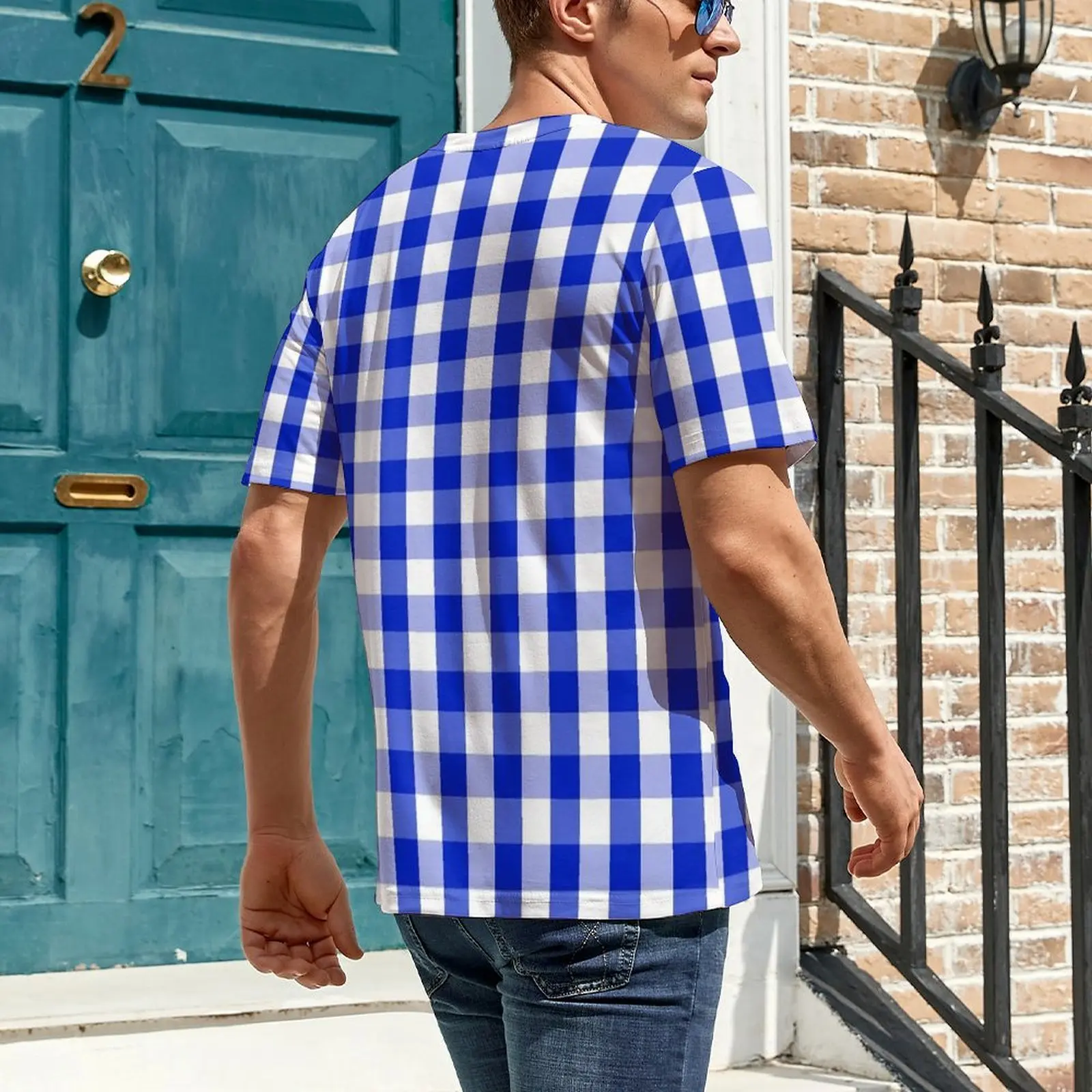 Blue And White Gingham T-Shirt Check Plaid Squared Novelty T Shirts Man Street Tshirt Original Short-Sleeve Clothing Plus Size