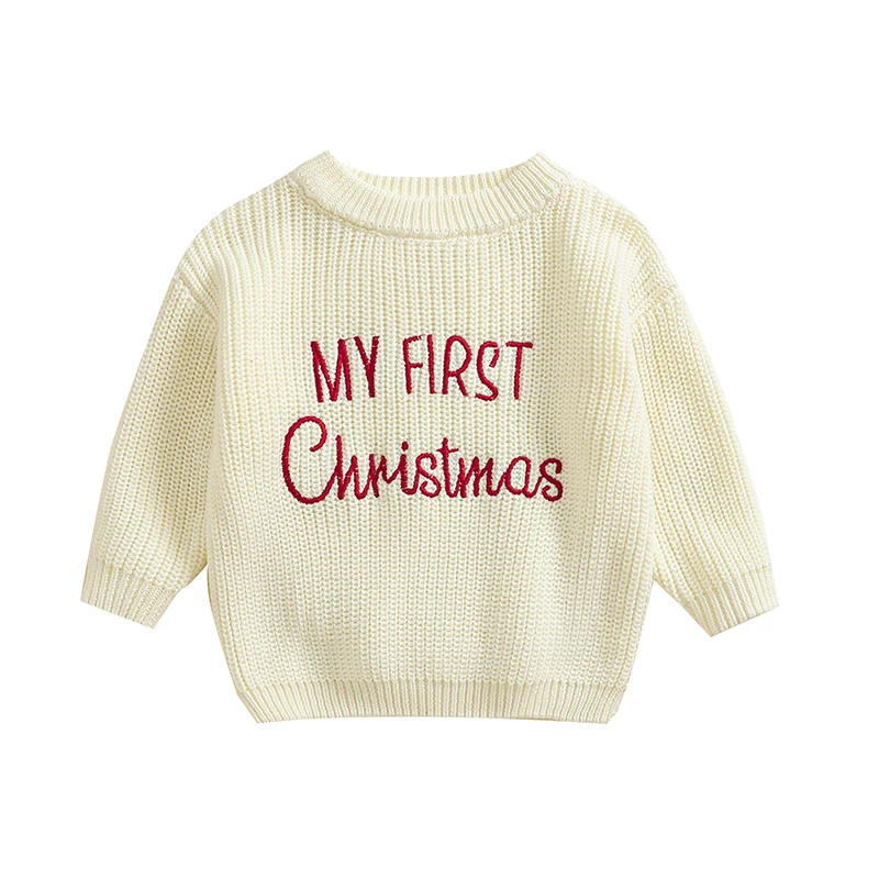 Baby Christmas Sweaters Letter Embroidered Long Sleeve Round Neck Knitted Pullover