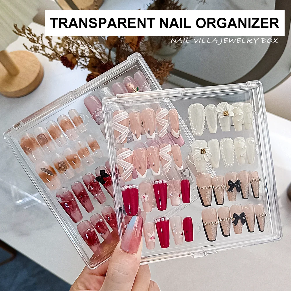 

Clear Acrylic Nail Press-On Nail Storage Box with Tape Large Capacity 12*12cm Dustproof Showcase for Personal Nail Tips Display
