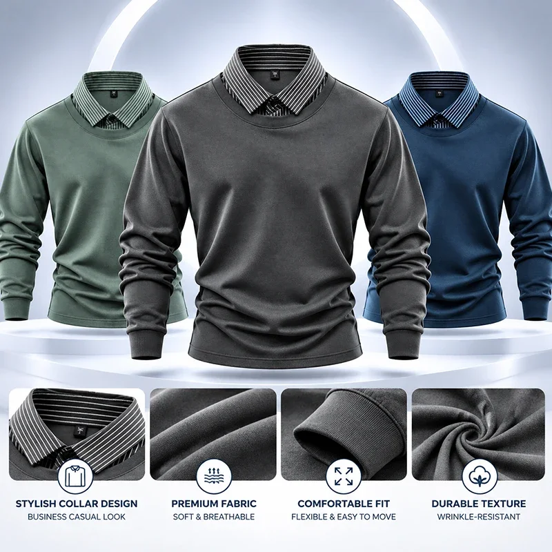 Mens Fake Two Piece Long Sleeve Sweatshirt Striped Lapel Collar Pullover Tops Business Casual Wear Soft Daily Shirts For Men
