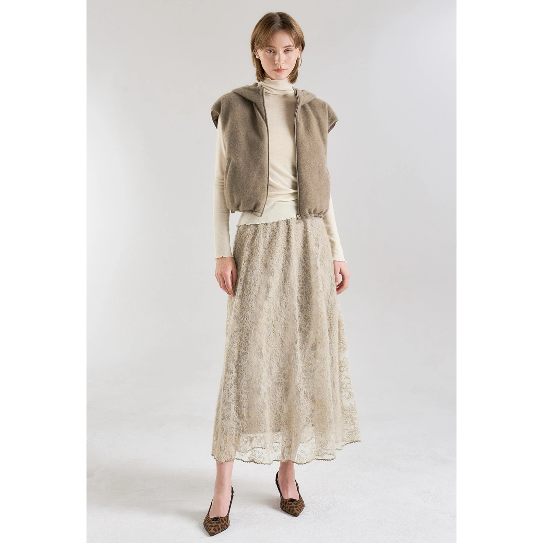 

Ele Long Lace Skirt with iny Sequins Elastic Waist Heavy Embroidery Spring Faion Ladies Premium Quali Knitted Sweater