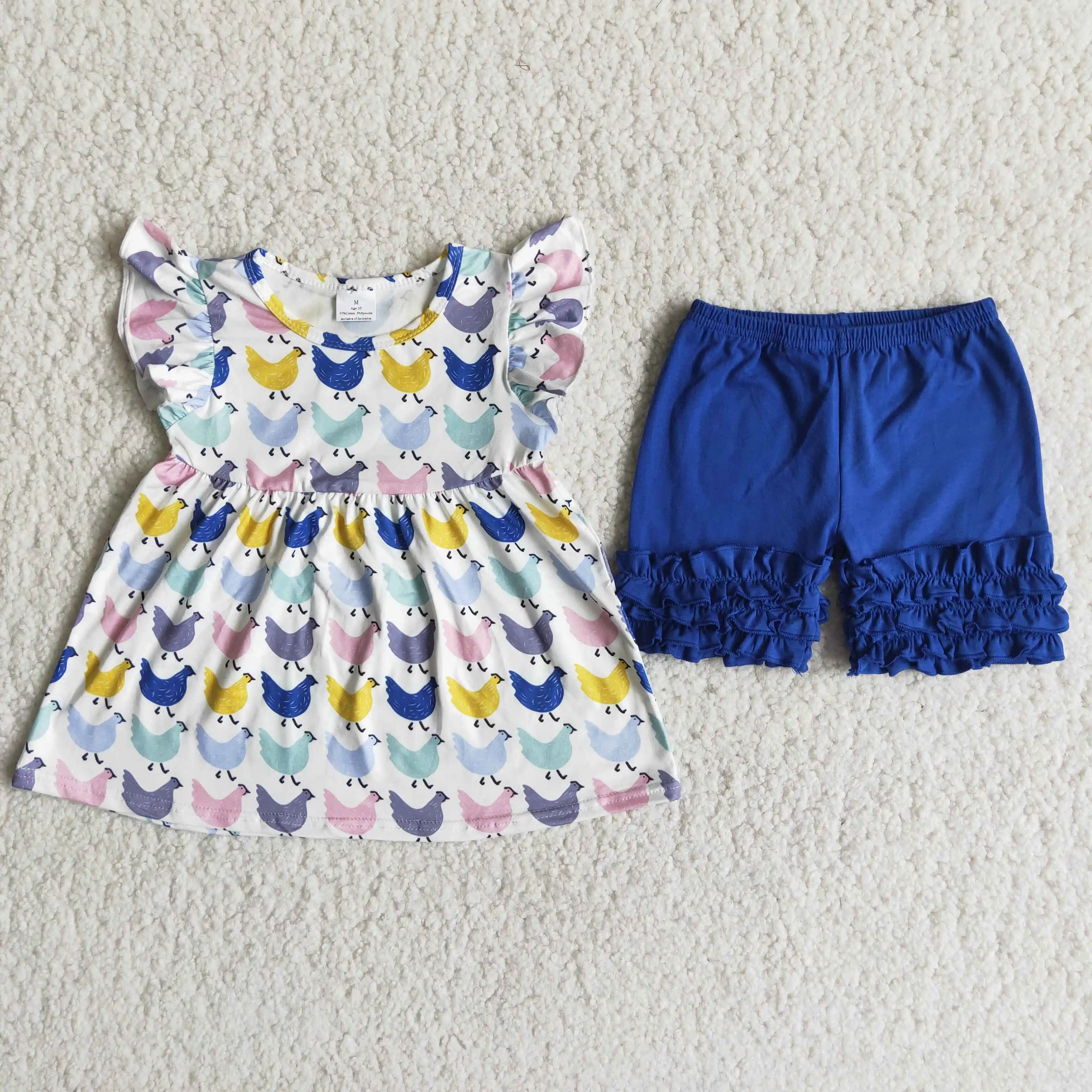 

Cheap Price Wholesale Baby Girl Summer Set Short Sleeves Chicken Cotton Clothes Shirt Kid Ruffle Cotton Shorts baby girl clothes