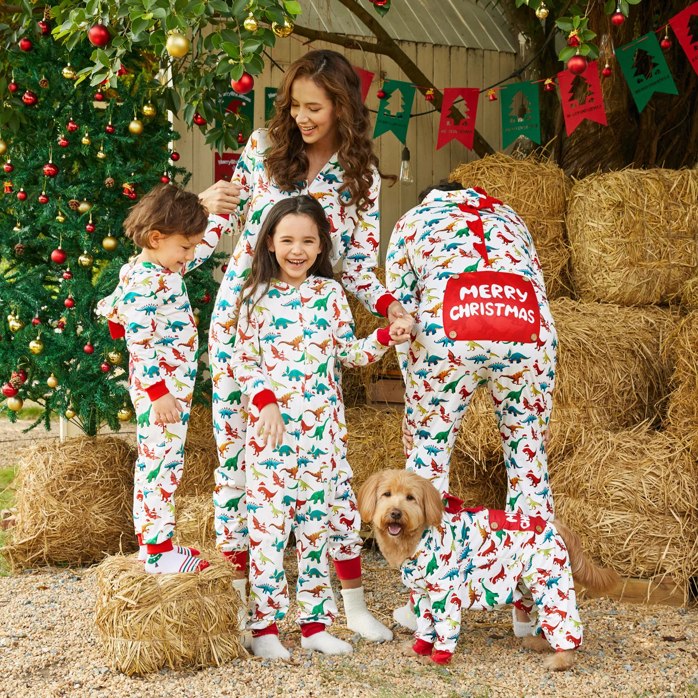 PatPat Christmas Dinosaur Print Family Matching Long-sleeve Hooded Onesies Pajamas Sets (Flame Resistant)