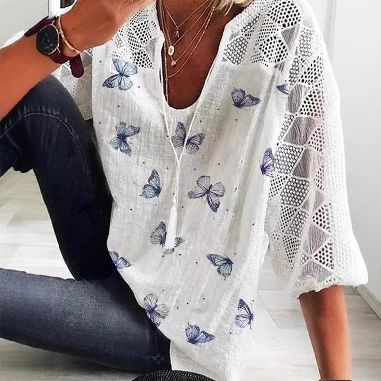 

New summer t-shirt women's mesh V-neck short-sleeved butterfly print top fashionable simple luxury temperament elegant high-end