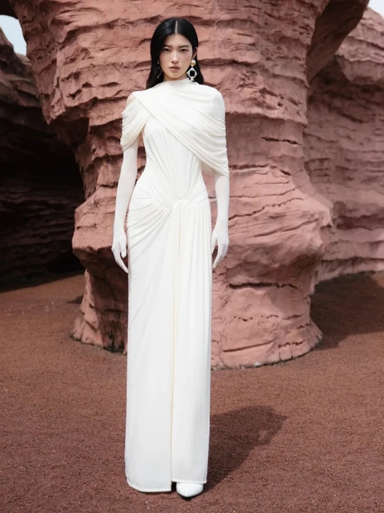 

Sexy O Neck Mesh Irregular Ruched Draped Long Dress Women Beige Sleeveless Folds Slim Dresses Evening Party Club Gowns