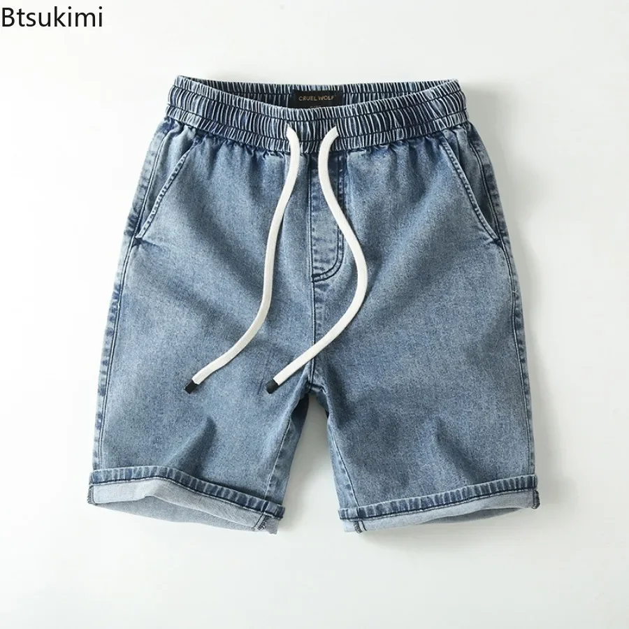 Summer Thin Men's Denim Shorts Fashion Loose Elastic Waist Drawstring Straight Baggy Short Jeans 100% Cotton Casual Shorts Male