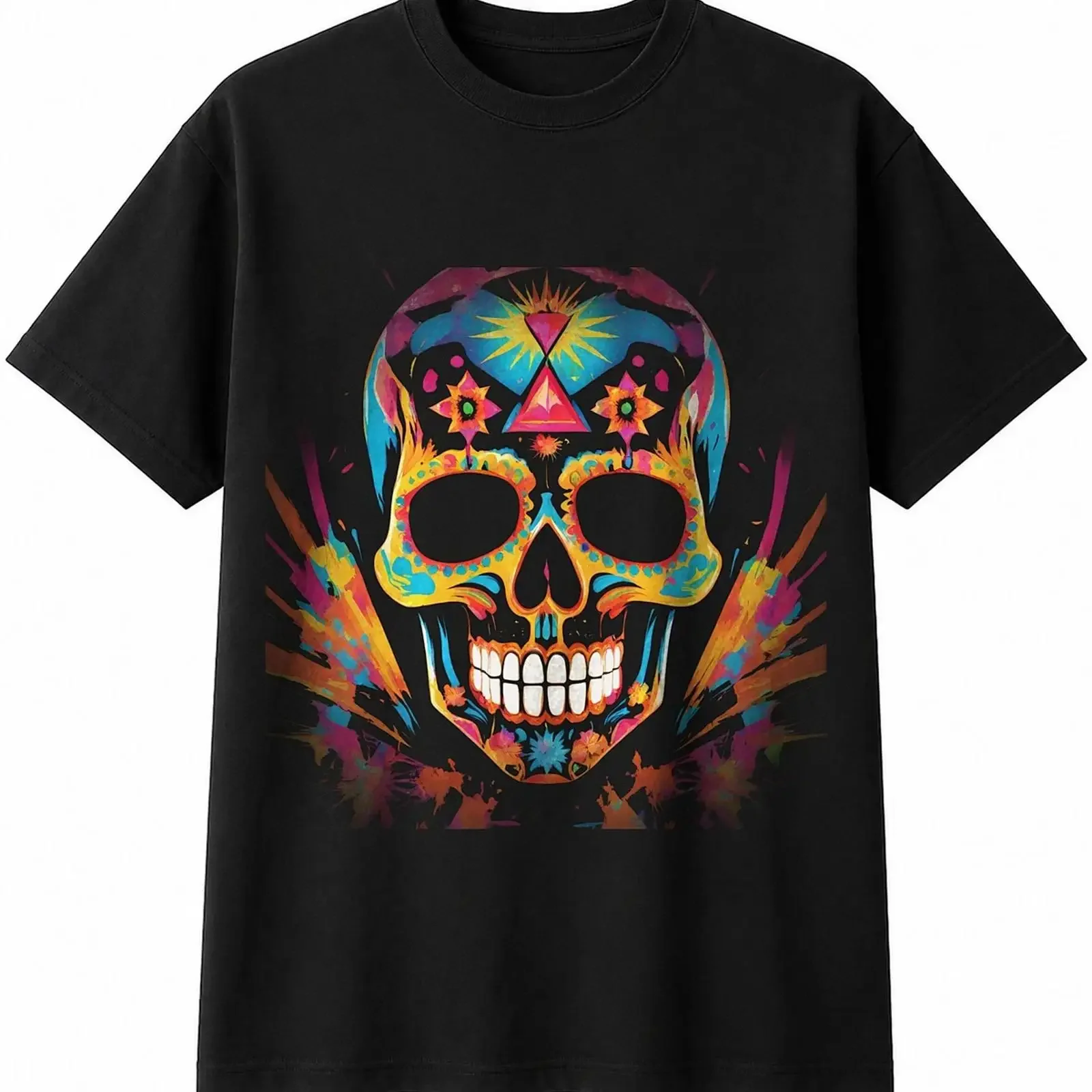 Splatter Art Sugar Skull Geometric Mens T Shirt Gothic Black 100 Cotton Dark vintage Washed homme Top For Everyday Wear graphic