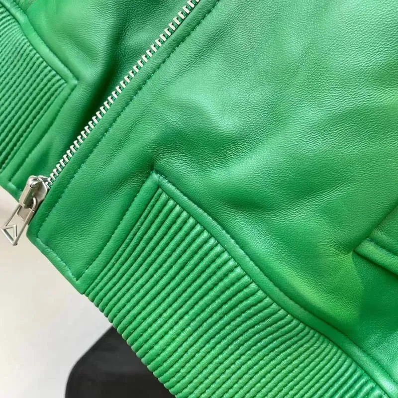 Jaqueta de couro genuíno feminina primavera e outono curto comprimento nova chegada gola o-pescoço cor verde outerwear