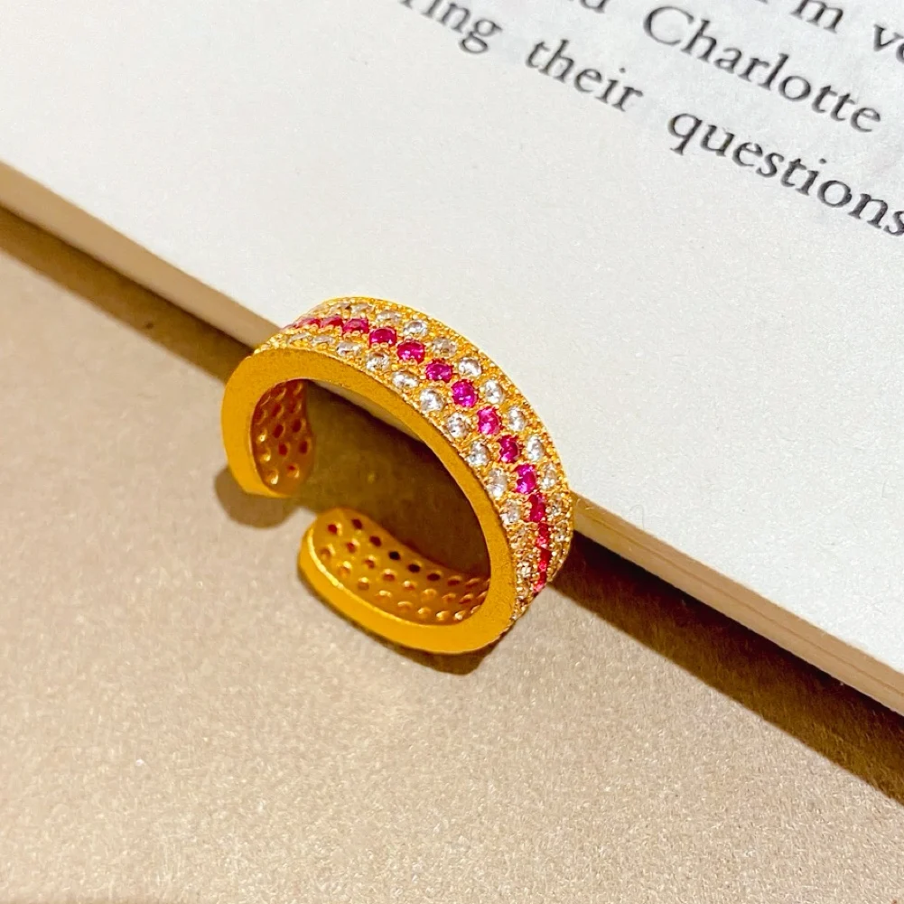 

Women's Red Diamond Bar Ring, 24K Gold, AU999 | Solid gold bar with red diamonds & diamond spacers, "Fiery" engraving inside.