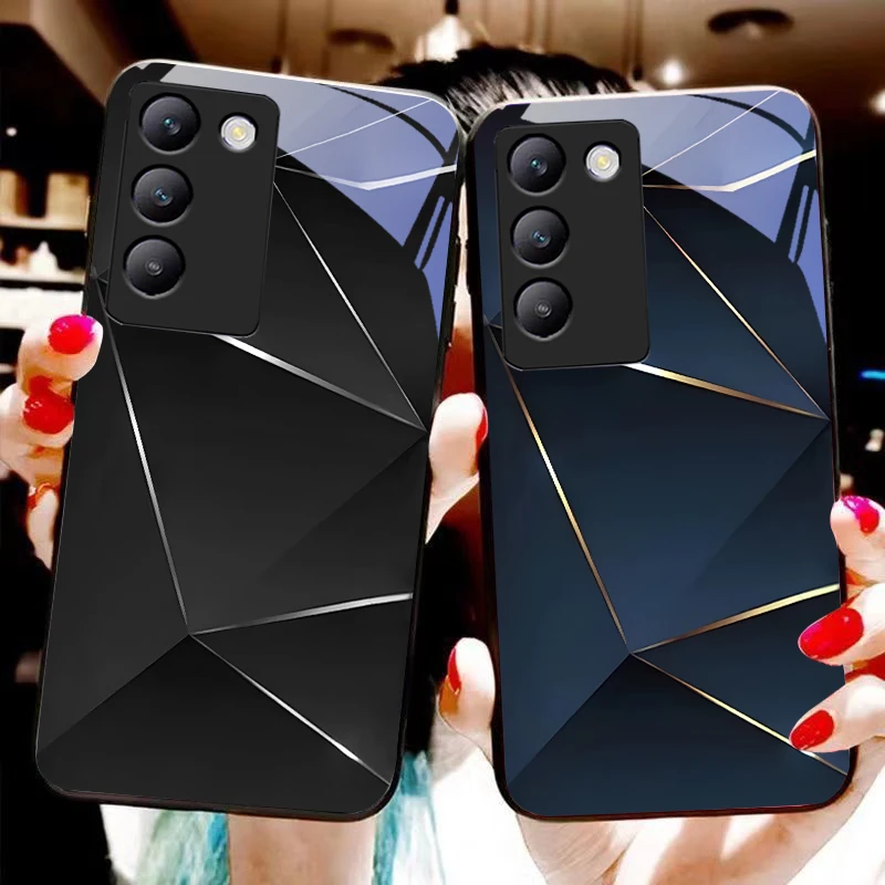 Geometric prism For Y72 33S 11 03 36 96 Lite 35 16 Iqoo 12 V40 SE 5G 29 40 21 30 X80 Pro Vivo Tempered glass phone case black