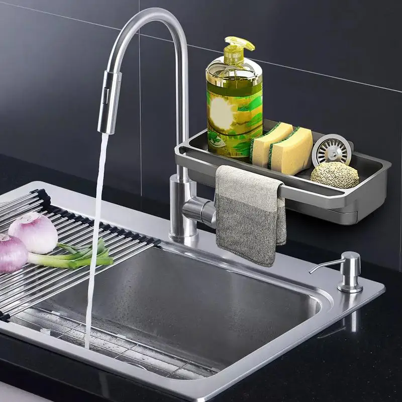 Kitchen Sink Rack Sponge Holder Sink Rack With Auto-Drain Tray Large Capacity Kitchen Gadgets With Auto Draining Tray Kitchen