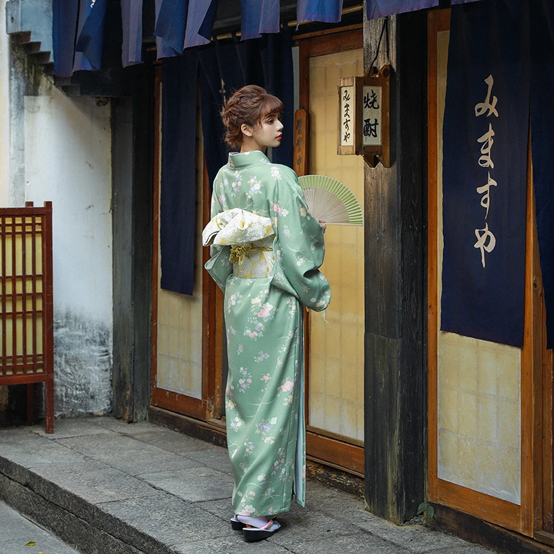 Kimono japonês para mulheres, verde, simples, japonês, yukata, traje cosplay