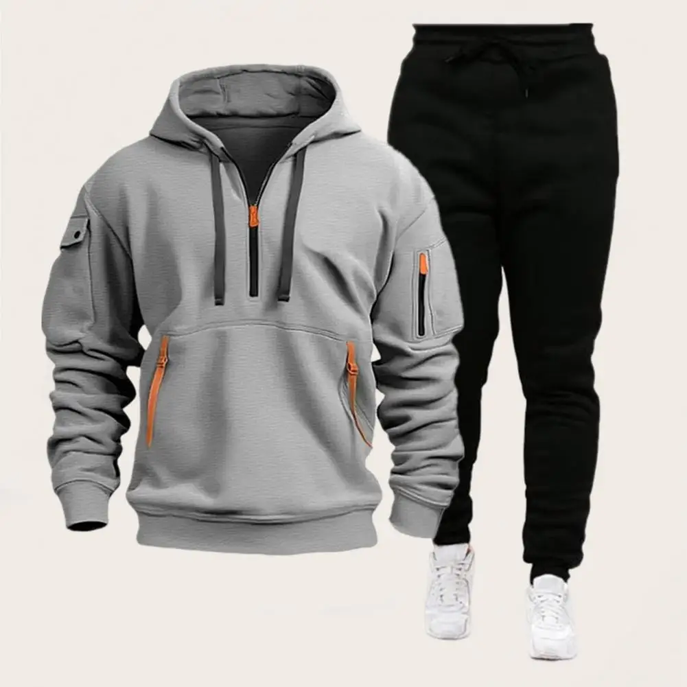 Men Track Suit with Multiple Pockets Men's Hooded Sweatshirt Sweatpants Set for Sportswear Long Sleeve Tracksuit with for Active