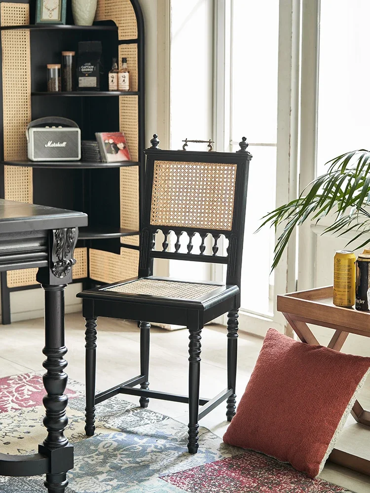 Französischer Retro-Rattan-Massivholzstuhl, Restaurant-Home-Rückenstuhl