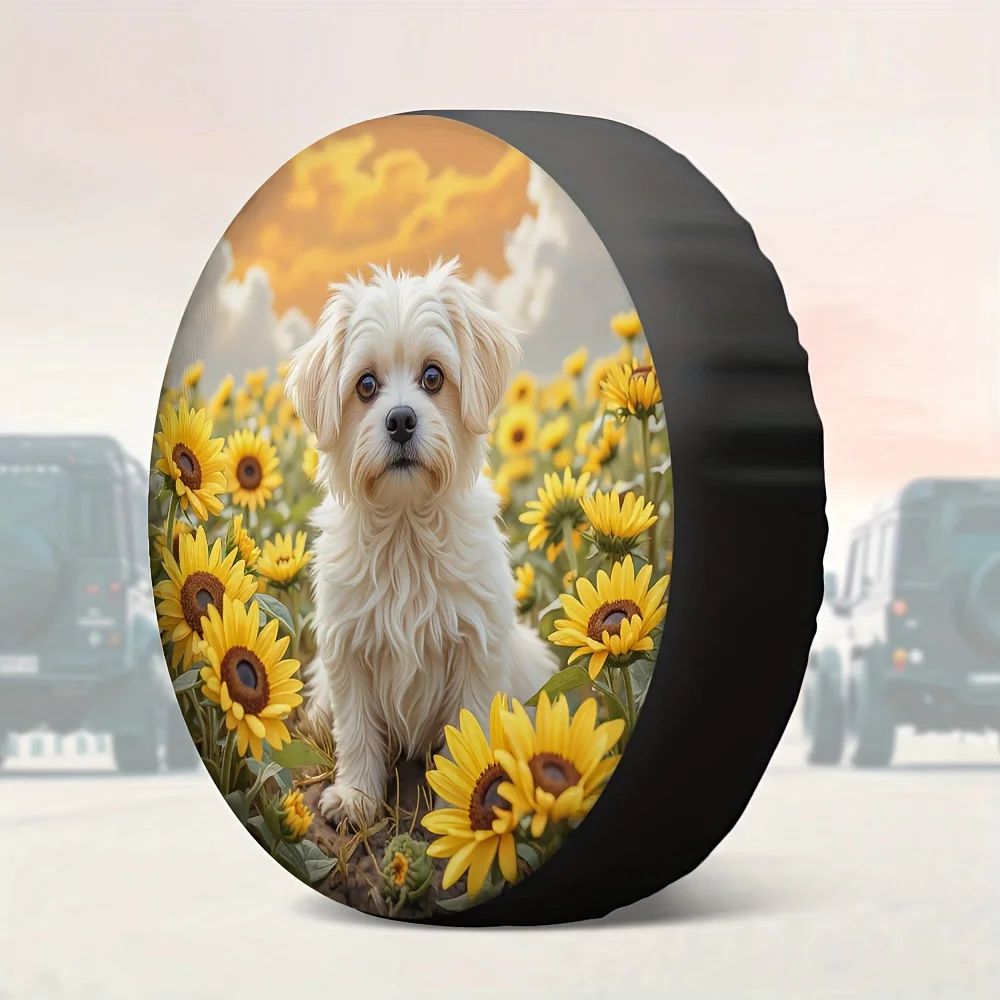 1pc 2D Flat Printing Car Tire Cover Maltese Dog Sunflower Field Polyester Without Electricity Travel Applies To Truck Tire Cover