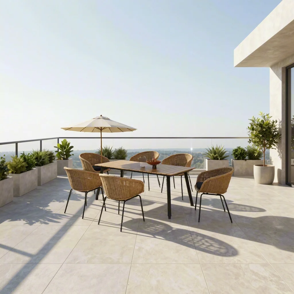 

7-местный обеденный комплект из ротанга для патио: эргономичные стулья, прочная железная рама, уличная мебель для газона, двора, террасы