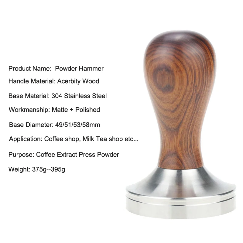 Espresso Coffee Tamper Stainless Steel Coffee Powder Hammer Tamper Pressing Wooden Handle Coffee Distributor 49/51/53/58mm