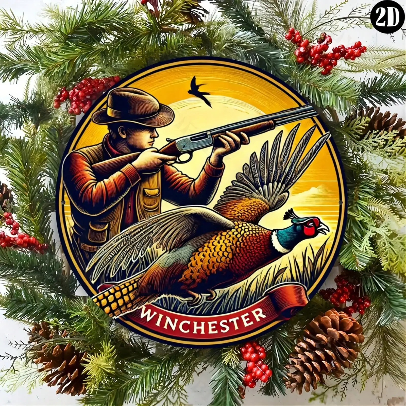 Vintage Winchester Pheasant Hunting Metal Tin Sign, Retro Hunter with Shotgun and Flying Pheasant Round Wall Art Decor, Classic
